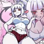  alternate_costume animal_ears apron arms_under_breasts bare_shoulders bent_over black_tail blunt_bangs blush breasts cleavage crossed_arms demon_girl demon_horns demon_tail from_behind fujita_yoshinobu_(ksk_oda) furry furry_female goat_ears goat_girl goat_horns grin hair_up heart helltaker horizontal_pupils horns large_breasts looking_at_viewer lucifer_(helltaker) mole mole_under_eye navel_piercing piercing red_eyes red_shorts ringed_eyes short_shorts shorts slit_pupils smile speech_bubble spoken_heart stomach_tattoo tail tank_top tattoo white_hair white_horns white_tank_top 
