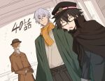  3boys bangs black_cloak black_hair black_headwear black_jacket blue_eyes brown_capelet brown_coat brown_gloves brown_hair bungou_stray_dogs cane capelet cloak closed_eyes closed_mouth coat cowboy_shot edogawa_ranpo_(bungou_stray_dogs) facial_hair fukuzawa_yukichi glasses gloves hair_between_eyes hair_over_one_eye hat highres jacket japanese_clothes kimono ko_(obrbr) looking_at_viewer male_focus military_hat multiple_boys mustache natsume_souseki_(bungou_stray_dogs) open_mouth orange_scarf scarf short_hair standing turtleneck white_hair 