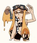  1girl arm_up artist_name bangs bike_shorts blonde_hair blunt_bangs bright_pupils commentary_request cowboy_shot cropped_legs dripping eyewear_on_head flat_chest goggles grey-framed_eyewear highres holding holding_weapon ink inkbrush_(splatoon) inkling inkling_girl long_hair looking_at_viewer open_mouth pale_skin pointy_ears shirt shogo_(shogo70449442) short_sleeves sidelocks signature simple_background solo splatoon_(series) standing suction_cups tentacle_hair tentacles twintails very_long_hair weapon white_background white_pupils white_shirt yellow_eyes 