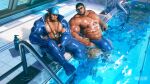  abs anchor_necklace archie_(pokemon) artist_name bandana bara beard blue_bandana blue_male_swimwear bulge chest_tattoo english_commentary facial_hair highres jewelry large_penis looking_at_another looking_down male_focus male_swimwear matt_(pokemon) mega_stone muscular muscular_male navel necklace nipples pectorals penis pokemon pokemon_omega_ruby_and_alpha_sapphire pool stomach_tattoo taka_(takahiro_si) tattoo 