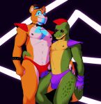  anthro bakedpotateos bodypaint bow_tie brown_body brown_fur bulge clothed clothing duo eyewear face_paint fingerless_gloves five_nights_at_freddy&#039;s five_nights_at_freddy&#039;s:_security_breach fur glamrock_freddy_(fnaf) gloves green_body green_scales hair handwear hat headgear headwear hi_res male male/male mohawk montgomery_gator_(fnaf) nipples red_hair scales scottgames shoulder_pads star_glasses sunglasses top_hat underwear underwear_only wristband 