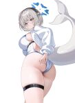  1girl absurdres ass blue_archive blue_halo breasts cetacean_tail commentary fins fish_tail from_behind glasses grey_hair halo highres kotone_(blue_archive) large_breasts looking_at_viewer mole mole_under_eye one-piece_swimsuit short_hair simple_background solo ssong2 swimsuit tail untranslatable_commentary white_background white_one-piece_swimsuit 