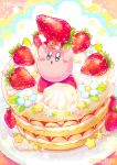  arms_up artist_name blue_eyes blue_flower blush blush_stickers cake commentary_request dated drooling flower food fruit full_body holding holding_food kirby kirby_(series) leaf multicolored_background ninjya_palette no_humans open_mouth pixiv_id plate sparkle standing star_(symbol) star_in_eye strawberry strawberry_shortcake symbol_in_eye twitter_username watermark whipped_cream yellow_flower 