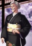  1girl big_nose black_kimono blurry blurry_background character_request depth_of_field english_text grey_hair grin highres japanese_clothes kimono looking_at_viewer old old_woman one_piece smile teeth youkan_(tako) 