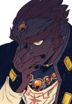  1boy black_nails black_robe blue_shirt closed_mouth dark-skinned_male dark_skin forehead_jewel ganondorf gem hair_slicked_back hand_on_own_face high_collar jewelry male_focus nail_polish necklace orange_eyes orange_gem portrait rani_grb robe sanpaku shirt short_hair sideburns sweat the_legend_of_zelda the_legend_of_zelda:_ocarina_of_time thick_eyebrows upper_body very_short_hair white_background 
