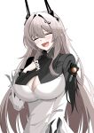  1girl absurdres alternate_breast_size_(larger) arknights black_horns breasts choebal1356201 cleavage cleavage_cutout closed_eyes clothing_cutout commentary_request demon_horns highres horns jewelry large_breasts laughing long_hair long_pointy_ears multiple_rings open_mouth pink_hair pointy_ears ring ring_on_every_finger smile solo theresa_(arknights) very_long_hair white_background 