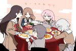  5girls bang_dream! bang_dream!_it's_mygo!!!!! blue_bow bow brown_hair chihaya_anon diagonal-striped_clothes diagonal-striped_necktie eating food green_necktie grey_eyes grey_jacket hanasakigawa_school_uniform haneoka_school_uniform highres jacket kaname_raana konro_kon medium_hair multiple_girls mygo!!!!!_(bang_dream!) nagasaki_soyo necktie pink_hair red_bow school_uniform shiina_taki short_hair striped_clothes striped_necktie takamatsu_tomori translation_request tsukinomori_school_uniform wolf_cut 