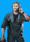  1boy absurdres ace_combat ace_combat_7 adjusting_earphones beard_stubble belt_buckle blonde_facial_hair blonde_hair blue_background blue_eyes buckle commentary count_(ace_combat_7) earphones facial_hair flight_suit helmet highres hikaru8090 holding holding_unworn_helmet looking_at_viewer male_focus messy_hair short_sleeves stubble tagme unworn_headwear unworn_helmet watch 
