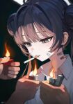  1girl 3others alternate_costume bandaid bandaid_on_face bandaid_on_neck black_hair blue_archive cigarette commentary cross cross_earrings dark_background double_bun earrings grey_eyes hair_bun hair_intakes highres holding holding_lighter jewelry kisaki_(blue_archive) kisaki_(school_uniform)_(blue_archive) kkato lighter long_hair multiple_others out_of_frame portrait shirt signature smoking solo_focus untranslatable_commentary white_shirt 