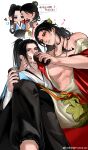  2boys absurdres alcohol all_wishes_come_true! arm_wrap bare_pectorals black_eyes black_hair black_pants blue_hanfu blush chibi chibi_inset chinese_clothes chinese_commentary chinese_text coat commentary_request crossed_legs cup drinking drunk facial_hair feeding hair_bun hair_ornament half_updo hand_on_another's_cheek hand_on_another's_face hanfu heart high_ponytail highres holding holding_cup jewelry large_pectorals leaf_belt leaf_hair_ornament leaf_ornament long_hair looking_at_another lv_dongbin_(all_wishes_come_true!) male_focus multiple_boys mustache_stubble necklace nipples off_shoulder open_clothes open_coat open_robe orange_sash pants parted_lips pectorals ponytail puxinlan red_coat robe sash sidelocks single_bare_shoulder single_hair_bun sitting sitting_on_lap sitting_on_person smile speech_bubble squeans stubble sweatdrop thought_bubble watermark weibo_watermark white_background white_hanfu yaoi zhongli_quan_(all_wishes_come_true!) 