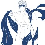  1boy abs bara blue_theme closed_mouth commentary english_commentary fire_emblem fire_emblem:_radiant_dawn flat_color highres ike_(fire_emblem) large_pectorals looking_at_viewer male_focus mazjojo muscular muscular_male nipples nude pectorals short_hair solo 