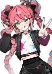  1girl black_bow black_jacket black_skirt blonde_streaks blue_streaks bow braid braided_twintails commentary_request crop_top dandandanholo flat_chest green_eyes hair_bow hair_intakes hanako_nana highres jacket korean_commentary licking_lips long_hair long_sleeves looking_at_viewer midriff multicolored_hair multiple_hair_bows nail_polish open_clothes open_jacket paint_splatter peto_(hanako_nana) pink_hair pink_streaks shirt simple_background skirt stellive streaked_hair tongue tongue_out twintails upper_body v very_long_hair virtual_youtuber white_background white_shirt 