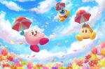  :d arm_up arms_up blue_eyes blue_flower blue_sky blush blush_stickers brown_eyes cloud commentary copy_ability day field floating flower flower_field full_body green_flower holding holding_umbrella kirby kirby_(series) looking_at_viewer ninjya_palette no_humans one-eyed open_mouth orange_flower outdoors parasol parasol_kirby petals pink_flower purple_flower red_flower sky smile umbrella waddle_dee waddle_doo yellow_flower 