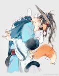  ... 2boys aged_down all_wishes_come_true! animal_ears black_cape black_hair black_sash blue_hanfu blush cape cat_boy cat_ears cat_tail chinese_clothes chinese_commentary chinese_text commentary_request cropped_legs fox_boy fox_ears fox_tail from_side grabbing_another's_ass grey_background groping hair_bun hand_on_another's_ass hanfu hat highres hug kemonomimi_mode layered_sleeves long_hair long_sleeves lord_of_dark_blade_(all_wishes_come_true!) lv_dongbin_(all_wishes_come_true!) male_focus multiple_boys open_mouth ponytail profile red_sash robe sash simple_background single_hair_bun speech_bubble spoken_ellipsis straw_hat tail time_paradox trembling updo watermark weibo_watermark white_hanfu wide_sleeves yaoi zhizunwuditiepidayali zhongli_quan_(all_wishes_come_true!) zhongli_quan_(young)_(all_wishes_come_true!) 