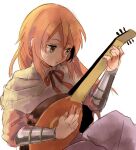 1boy bad_id bad_pixiv_id bard_(sekaiju) bard_1_(sekaiju) cloak earrings green_eyes holding holding_instrument holding_lute instrument jewelry long_hair lute_(instrument) male_focus neck_ribbon orange_hair pants parted_lips purple_pants red_ribbon ribbon rokumutu6 sekaiju_no_meikyuu sekaiju_no_meikyuu_1 simple_background sitting solo vambraces white_background white_cloak 