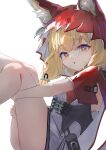  1girl absurdres animal_ear_fluff animal_ears arknights arknights:_endfield blonde_hair bright_pupils cape commentary dress feet_out_of_frame highres hood hood_up hooded_cape hugging_own_legs looking_at_viewer medium_hair parted_lips pegasusviv red_cape rossi_(arknights) simple_background solo triangle_mouth two-sided_cape two-sided_fabric upwards_triangle_mouth white_background white_cape white_dress white_pupils yellow_eyes 