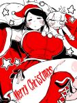  2girls :3 animal_costume antlers armpit_peek black_eyes black_hair blush blush_stickers boots breasts christmas commentary_request dress english_text fur_trim hat height_difference highres horns huge_breasts inuyama_amu komori_(inuyama_amu) long_hair looking_at_viewer merry_christmas monochrome multiple_girls oosaki-san_&amp;_komori-san oosaki_(inuyama_amu) open_mouth original red_boots red_dress red_theme reindeer_antlers reindeer_costume santa_costume santa_dress santa_hat size_difference sleeveless star_(sky) tall_female thick_thighs thighs white_background yuri 
