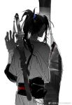  2boys all_wishes_come_true! arm_wrap black_hair black_sash blanket chinese_clothes chinese_commentary commentary_request facing_away from_behind greyscale hair_bun hair_ribbon hand_up hanfu high_ponytail jian_(weapon) kxsnzwsdzf layered_sleeves long_hair long_sleeves lv_dongbin_(all_wishes_come_true!) male_focus monochrome multiple_boys ponytail red_ribbon ribbon sash sheath sheathed sidelocks simple_background single_hair_bun sitting sketch solo_focus spot_color standing sword sword_on_back sword_tassel tassel under_covers upper_body watermark weapon weapon_on_back weapon_tassel weibo_watermark white_background zhongli_quan_(all_wishes_come_true!) 