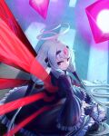  1girl absurdres ahoge albino bow commentary_request crystal dress floating forehead_jewel frilled_dress frills hair_tubes hairband highres huge_ahoge long_hair looking_at_viewer looking_back low_twintails neon_trim outdoors poss_illust5 red_eyes red_wings road robot_ears sitting solo street twintails under_night_in-birth vatista_(under_night_in-birth) very_long_hair white_hair wings 
