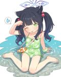  1girl :p ;p animal_bag animal_ear_fluff arm_support bag barefoot black_hair blue_archive blue_halo blush bracelet casual_one-piece_swimsuit collarbone commentary_request fish_bag flat_chest full_body gradient_halo green_eyes green_one-piece_swimsuit hair_bobbles hair_ornament halo hand_up jewelry long_hair looking_at_viewer multicolored_halo official_alternate_costume one-piece_swimsuit one_eye_closed onyhakase polka_dot polka_dot_one-piece_swimsuit polka_dot_swimsuit shoulder_bag shun_(blue_archive) shun_(small)_(blue_archive) shun_(small)_(swimsuit)_(blue_archive) sidelocks sitting solo spoken_sweatdrop sweatdrop swimsuit toes tongue tongue_out twintails wariza water 