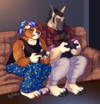  anthro boypretties canid canine canis controller couple_(disambiguation) domestic_dog duo female game_controller gaming hi_res male mammal pawpads 