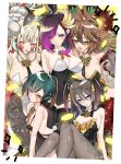  5girls animal_ears animal_hands az_(colorb05) bare_shoulders blonde_hair blue_eyes breasts brown_eyes brown_hair cielo_the_raise_moon_veil claws cleavage commentary_request duel_monster fake_animal_ears green_eyes green_hair horns knees_up large_breasts leotard long_hair long_sleeves meddy.exe_(mega_man) medium_hair multiple_girls nontraditional_playboy_bunny pantyhose purple_eyes purple_hair rabbit_ears raise_moon_blade_shayna raise_moon_elegance_carol raise_moon_lamp_croucier raise_moon_wings_rapi scales short_hair sitting yu-gi-oh! 