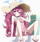  1girl absurdres adjusting_clothes adjusting_headwear blue_archive blue_halo blush briefcase closed_mouth feet_out_of_frame flat_chest fluffy_hair frilled_one-piece_swimsuit frilled_thigh_strap frills grey_eyes halo hat highres iroha_(blue_archive) iroha_(swimsuit)_(blue_archive) long_hair looking_at_viewer official_alternate_costume one-piece_swimsuit pink_one-piece_swimsuit prosciutto_7 red_hair simple_background sitting solo straw_hat sun_hat swimsuit thigh_strap very_long_hair white_background 