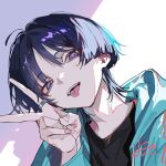  1boy :p ahoge alternate_costume aqua_jacket aqua_sleeves bishounen black_hair black_shirt blunt_ends casual choppy_bangs commentary_request contemporary crew_neck drawstring fingernails genshin_impact hair_intakes hand_up head_tilt jacket jewelry leaning_to_the_side looking_at_viewer male_focus open_mouth piercing portrait purple_eyes ring scaramouche_(genshin_impact) shirt sidelighting solo teeth tongue tongue_out tongue_piercing tsurime upper_teeth_only v wolf_cut yoisesugoizeee 
