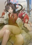  1boy 2girls ahoge ass blue_archive blue_eyes bottomless breasts brown_hair chinese_commentary cloud collared_shirt commentary_request demon_tail egg egg_(food) fart flat_chest food gas goggles hair_intakes halo highres holding holding_egg holding_food kasumi_(blue_archive) lab_coat large_breasts long_hair megu_(blue_archive) multiple_girls open_mouth orange_eyes plate ponytail red_hair red_halo red_shirt sensei_(blue_archive) shirt sitting sitting_on_face sitting_on_person smell tail tsuchiro_(fgnj3324) 