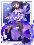  1girl :d alternate_costume black_hair black_pantyhose black_shoes blue_eyes border bow cosplay dawn_(pokemon) dress full_body gem hair_ornament hairclip happy_holidays highres leg_warmers litwick litwick_(cosplay) long_hair looking_at_viewer open_mouth pantyhose pokemon pokemon_diamond/pearl/platinum puffy_sleeves purple_background purple_dress sandora_(karugamo_no_e) shoes single_leg_warmer smile solo standing star_(symbol) white_border white_bow white_leg_warmers yellow_gem 