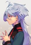  1girl ahoge asticassia_school_uniform blunt_ends facing_to_the_side green_jacket grey_background grey_eyes grey_hair gundam gundam_suisei_no_majo hair_between_eyes hungry_clicker jacket long_hair long_sleeves looking_to_the_side miorine_rembran own_hands_together school_uniform solo upper_body 