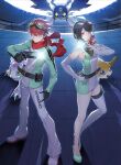  1boy 1girl 3others black_hair digimon digimon_(creature) digimon_story:_time_stranger feet_out_of_frame full_body hand_on_own_hip highres looking_at_viewer multicolored_shirt multiple_others official_art red_eyes red_hair shirt single_thighhigh smile thighhighs third-party_source tonami_kanji yuuki_dan yuuki_kanan 