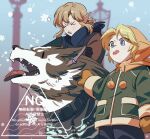  >_< 2boys absurdres animal animal_ear_piercing blonde_hair blue_eyes coat commentary_request green_coat highres hood hood_up link male_focus mittens multiple_boys multiple_persona open_mouth pointy_ears pom_pom_(clothes) rani_grb sneezing snowing the_legend_of_zelda the_legend_of_zelda:_ocarina_of_time the_legend_of_zelda:_twilight_princess tongue tongue_out watermark wolf wolf_link yellow_mittens young_link 