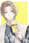  1boy blonde_hair border commentary_request drink drinking drinking_straw earrings grey_shirt highres holding holding_drink jewelry kamen_rider kamen_rider_gavv_(series) lakia_amarga looking_at_viewer male_focus maso_(01mogu05) pompompurin sanrio shirt short_hair solo tie-dye tokusatsu upper_body vest whipped_cream white_border white_vest yellow_background yellow_eyes 