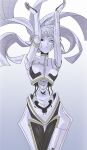  1girl albina_(project_moon) arms_up bb_imposible black_eyes breasts commentary commentary_request cowboy_shot cyborg heterochromia highres korean_commentary limbus_company long_hair looking_at_viewer mechanical_spine project_moon robot_girl simple_background skin_seams solo white_background white_eyes white_hair 