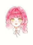  1girl :d blunt_bangs blush braid collar commentary_request cropped_head food-themed_hair_ornament green_eyes hair_ornament hairclip hanako_nana korean_commentary l_i_o_n_0221 long_hair looking_at_viewer neck_ribbon open_mouth pink_hair ribbon simple_background smile solo stellive straight-on strawberry_hair_ornament virtual_youtuber white_background white_collar white_ribbon 