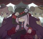  3boys alternate_costume androgynous animal_ears arm_up armchair black_hat black_horns black_jacket black_pants black_streaks black_wings blonde_hair blue_shirt blunt_bangs bone_hair_ornament bowler_hat chair closed_mouth collared_shirt commentary_request curled_horns curtains feathered_wings figure_four_sitting forward-facing_horns frauwool greap_(made_guide)_(puyopuyo) greap_(puyopuyo) green_eyes hair_ornament hair_over_one_eye hand_on_headwear hat horns jacket krimwool long_hair looking_at_viewer mini_hat multicolored_hair multiple_boys necktie official_alternate_costume official_style on_chair one_eye_covered open_clothes open_jacket orange_necktie orange_shirt pants parted_lips pimyuhuwa pink_eyes pink_hair purple_eyes puyopuyo puyopuyo_quest red_necktie red_shirt sheep_boy sheep_ears sheep_girl sheep_horns shirt sitting smile standing streaked_hair tilted_headwear twitter_username very_long_hair white_horns wings x_hair_ornament yellow_jacket 