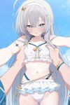  1boy 1girl ahoge armpit_carry bare_shoulders blue_eyes bra breasts commentary_request condom condom_wrapper condom_wrapper_in_clothes deyui embarrassed female_tyrant_(stella_sora) female_tyrant_(swimsuit)_(stella_sora) flying_sweatdrops frilled_bra frilled_skirt frills furrowed_brow grey_hair hands_in_another's_armpits highleg highleg_panties highres lifting_person light_blush male_tyrant_(stella_sora) male_tyrant_(swimsuit)_(stella_sora) navel nervous_sweating official_alternate_costume outdoors panties pointy_ears pov pov_hands skirt small_breasts solo_focus stella_sora stomach sweat swimsuit tyrant_(stella_sora) underwear variant_set 