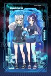  2girls absurdres blue_archive blue_eyes cute_took dolphin_shorts grey_hair halo highres looking_at_viewer multiple_girls name_tag ponytail shiroko_(blue_archive) shorts thighs white_hair yuuka_(blue_archive) 