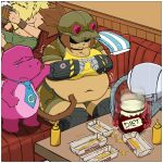  1girl 3boys animal_ears black_thighhighs blue_necktie boots breasts brown_eyes brown_fur cat_ears cat_girl cat_tail closed_eyes closed_mouth crying dinosaur_boy fat furry gameoverse gobbles_(gameoverse) green_shorts highres hyakutaro_ichimonji kaboodle_(gameoverse) kit_bodega large_breasts metal_slug multiple_boys mustard mustard_bottle navel necktie obese ponytail robot rocknrm shirt shorts sitting tail thigh_boots thighhighs torn_clothes torn_shorts yellow_shirt 