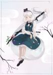  1girl black_bow black_bowtie black_hairband black_shoes bow bowtie closed_mouth collared_shirt commentary_request english_commentary flower full_body green_skirt green_vest grey_hair hairband highres hitodama katana konpaku_youmu konpaku_youmu_(ghost) looking_at_viewer mixed-language_commentary pink_flower riki6 sheath sheathed shirt shoes skirt skirt_set smile socks solo sword sword_on_back touhou vest weapon weapon_on_back white_shirt white_socks 