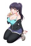  1girl absurdres adidas bare_shoulders black_hair boku_no_kokoro_no_yabai_yatsu box_wonderland breasts brown_eyes cleavage commentary eating food highres ice_cream ice_cream_cone jacket kneeling large_breasts long_hair looking_at_viewer mole mole_on_neck multiple_moles pantyhose ponytail shorts simple_background solo sports_bra sportswear tongue tongue_out white_background yamada_anna 