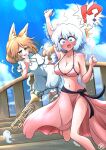  !? 2girls absurdres animal_ears arm_up bikini blue_eyes blue_hair blue_sky blush breasts bridge brown_eyes brown_hair cleavage cloud commission dress fox_ears fox_girl fox_tail highres instrument kitsune kudamaki_tsukasa large_breasts light_particles looking_at_viewer medium_hair merlin_prismriver multiple_girls navel open_mouth outdoors pink_bikini scavia10 signature skeb_commission sky speech_bubble spoken_interrobang swimsuit tail touhou trumpet white_dress 