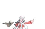  1girl :d bag beanie bin_aham blush coat commentary_request dawn_(pokemon) duffel_bag grey_eyes hair_ornament hairclip happy hat highres korean_commentary long_sleeves open_mouth outstretched_arm pointing pokemon pokemon_(creature) pokemon_diamond/pearl/platinum pokemon_platinum red_coat scarf sidelocks simple_background smile starly white_background white_bag white_hat white_scarf 