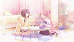  2girls :d ^_^ bag bed black_leggings brown_bag brown_hair cardigan chair closed_eyes colorful_palette full_body game_asset hair_bun hair_ornament hairclip heart highres holding holding_pen leggings looking_at_another momoi_airi multiple_girls official_art open_cardigan open_clothes paper pen pink_cardigan pink_eyes project_sekai purple_bag school_bag shinonome_ena side_by_side_our_ways!_(project_sekai) skirt smile socks striped_clothes striped_socks swivel_chair third-party_source tongue white_skirt white_socks 
