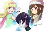  1boy 2girls atachi_manya black_hair blonde_hair blue_eyes brown_hair crying crying_with_eyes_open dress frown goha_yuuna green_dress green_eyes hairband multiple_girls ochi_marco pink_eyes pink_hairband pink_scarf sad scarf simple_background sougetsu_manabu tearing_up tears twitter_username yu-gi-oh!_go_rush!! 