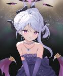  1girl absurdres black_halo black_horns blue_archive blush commentary demon_girl demon_horns demon_wings dress earrings elbow_gloves evening_gown floating_earrings gloves halo highres hina_(blue_archive) hina_(dress)_(blue_archive) horns jewelry leaning_forward light_blush long_hair looking_at_viewer multiple_horns nagamok necklace official_alternate_costume official_alternate_hairstyle parted_lips pendant purple_dress purple_eyes purple_gloves purple_wings solo strapless strapless_dress upper_body white_hair wings 