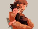  2boys aged_down aged_up alternate_costume artist_name beard black_gloves black_hair black_hat black_shirt brown_hair brown_jacket carrying child closed_eyes commentary english_commentary facial_hair gloves grandfather_and_grandson hair_slicked_back hat holding holding_stuffed_toy hug jacket jojo_no_kimyou_na_bouken joseph_joestar joseph_joestar_(old) kujo_jotaro long_sleeves male_focus multiple_boys mustache nolvini peaked_cap shirt short_hair short_sleeves sleeping sleeping_on_person stardust_crusaders stuffed_animal stuffed_shark stuffed_toy 