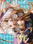  2boys argyle_background ball beanie beard belt belt_buckle blonde_hair blue_background blue_bridal_gauntlets blue_eyes blue_lips blue_nails bridal_gauntlets brown_hat buckle cheek-to-cheek cowboy_hat facial_hair goggles goggles_on_headwear gold_teeth green_eyes green_lips grills grin gyro_zeppeli hair_horns hat heads_together highres holding holding_ball hood hood_down hoodie horse_print horseshoe_hat_ornament horseshoe_ornament i_am.cc johnny_joestar jojo_no_kimyou_na_bouken lipstick long_hair makeup male_focus medium_hair multiple_boys nail_polish orange_belt pointing purple_shirt shirt smile sparkle star_(symbol) star_print steel_ball_(jojo) steel_ball_run studded_shirt teeth upside-down white_hat white_hoodie 
