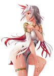  1girl aqua_gem ass bracelet breasts chinese_clothes commentary_request detached_sleeves dress fu_hua fu_hua_(phoenix) gem gold_trim gotointhepark gradient_hair hair_between_eyes hair_ornament hand_on_own_leg hand_on_own_shoulder highres honkai_(series) honkai_impact_3rd jewelry jingwei_(honkai_impact) long_hair low_ponytail medium_breasts multicolored_hair nail_polish official_alternate_costume open_mouth pelvic_curtain photoshop_(medium) ponytail qipao red_eyes red_hair red_nails side_slit simple_background skindentation solo streaked_hair taut_clothes taut_dress thighlet thighs white_background white_dress white_hair wide_sleeves 